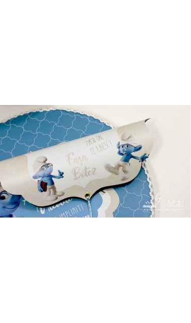 Trusou botez cu strumfii si broderie personalizata in nuante de crem si albastru Bebe Strumf 21